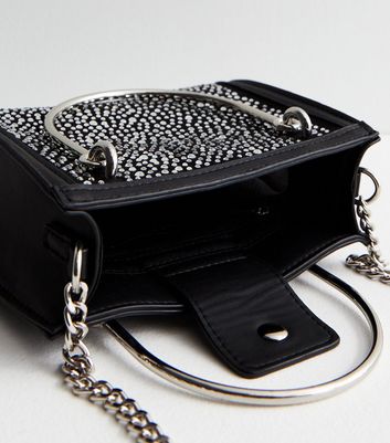 Black Faux Leather Stone Embellished Top Handle Clutch Bag, New Look in  2023