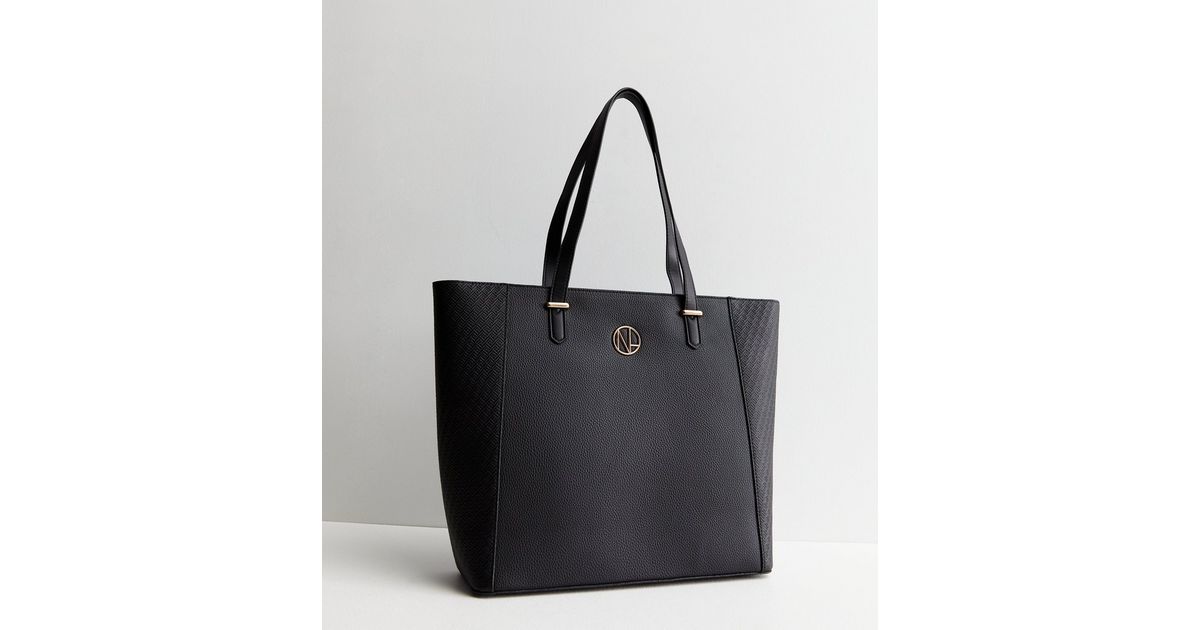 Black Leather-Look Embossed Tote Bag