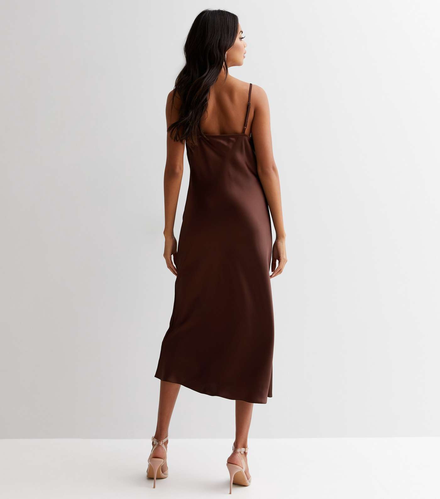 Dark Brown Satin Cowl Neck Midi Slip Dress Image 4