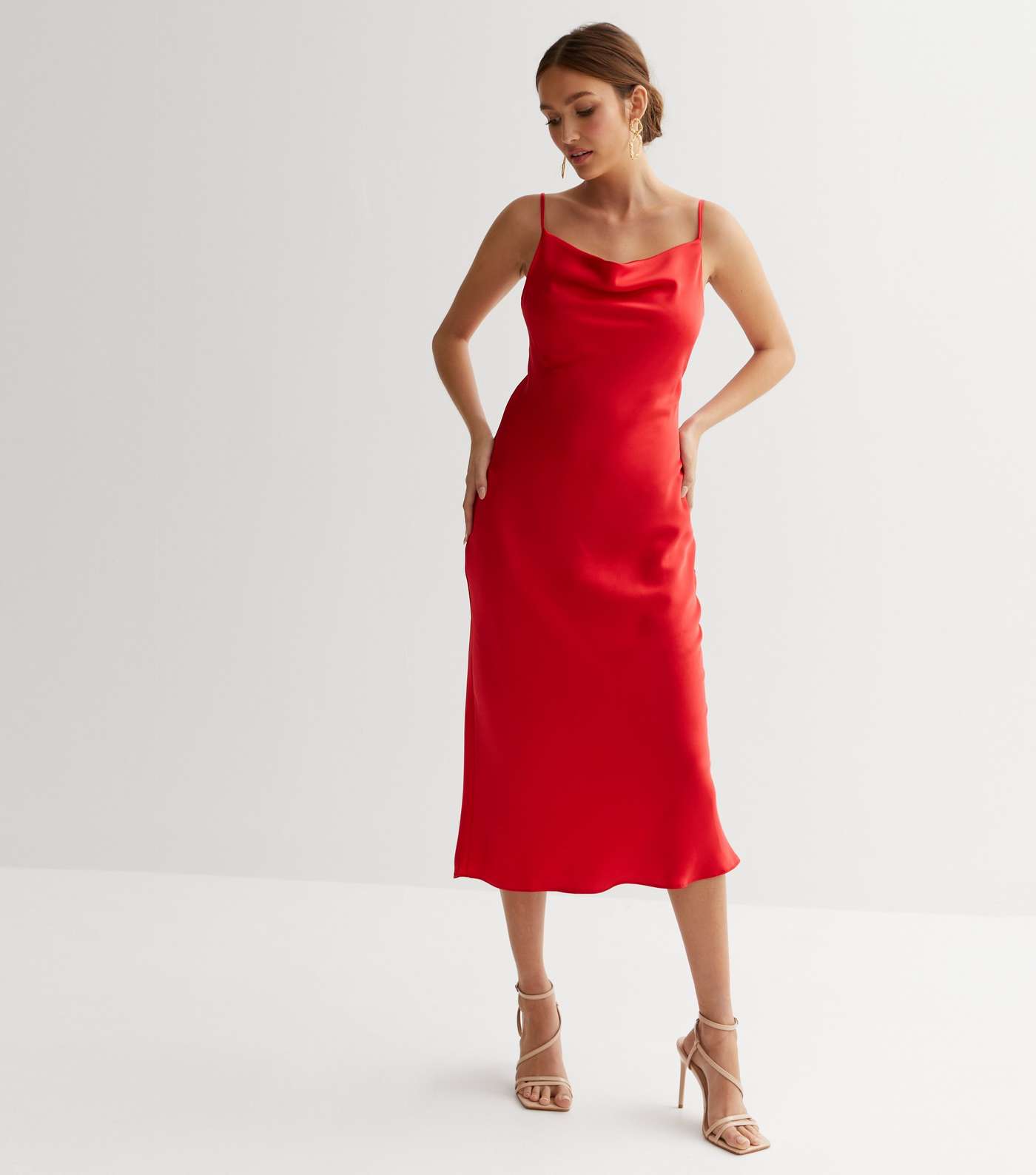 Red Satin Cowl Neck Midi Slip Dress Image 3