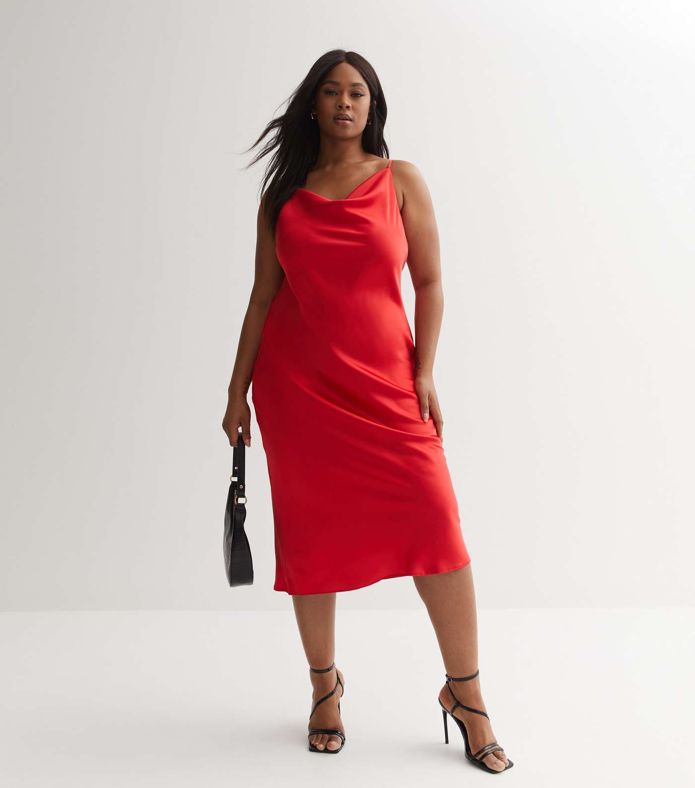 Red Satin Cowl Neck Midi Slip Dress Image 5