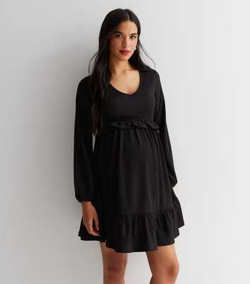 Maternity Black Crinkle Long Sleeve Frill Mini Smock Dress