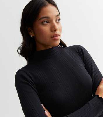 Petite Black Ribbed Frill High Neck Long Sleeve Top