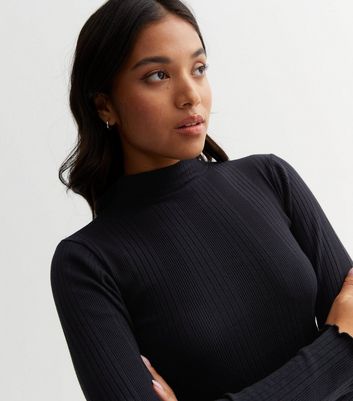 Petite Black Ribbed Frill High Neck Long Sleeve Top | New Look