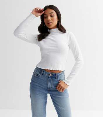 Petite White Ribbed Frill High Neck Long Sleeve Top