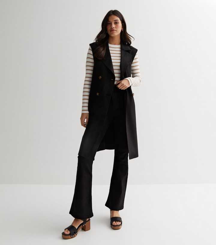 Black Suedette Double Breasted Sleeveless Long Jacket | New Look