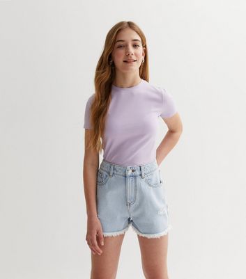 Girls Pale Blue Denim High Waist Frayed Hem Shorts