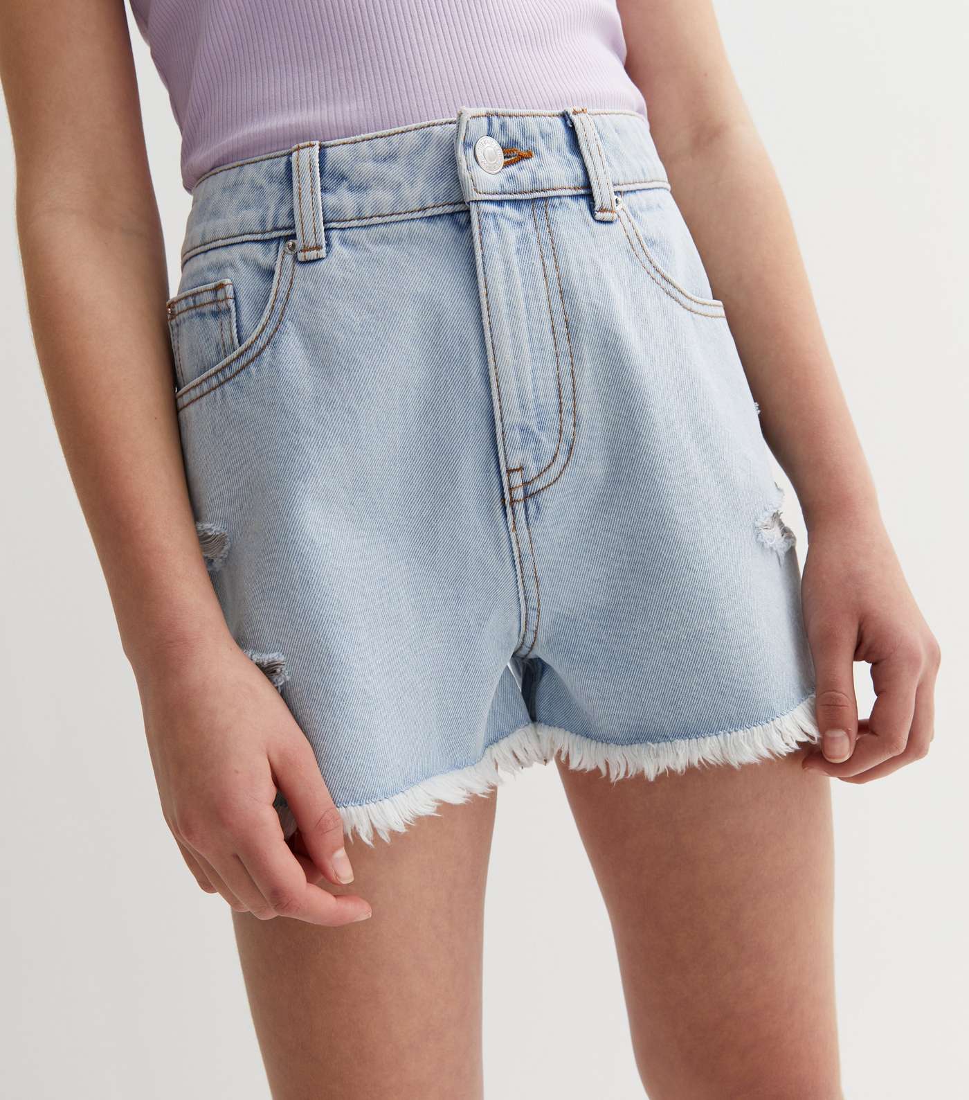 Girls Pale Blue Cotton Denim High Waist Frayed Hem Shorts Image 3
