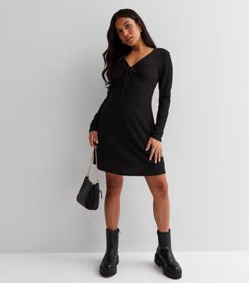 Petite Black Crinkle Jersey Long Sleeve Tie Front Mini Dress