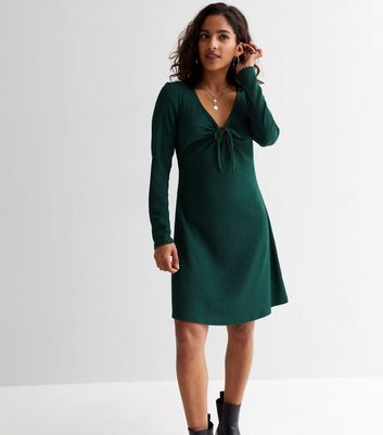 Petite Dark Green Crinkle Jersey Long Sleeve Tie Front Mini Dress