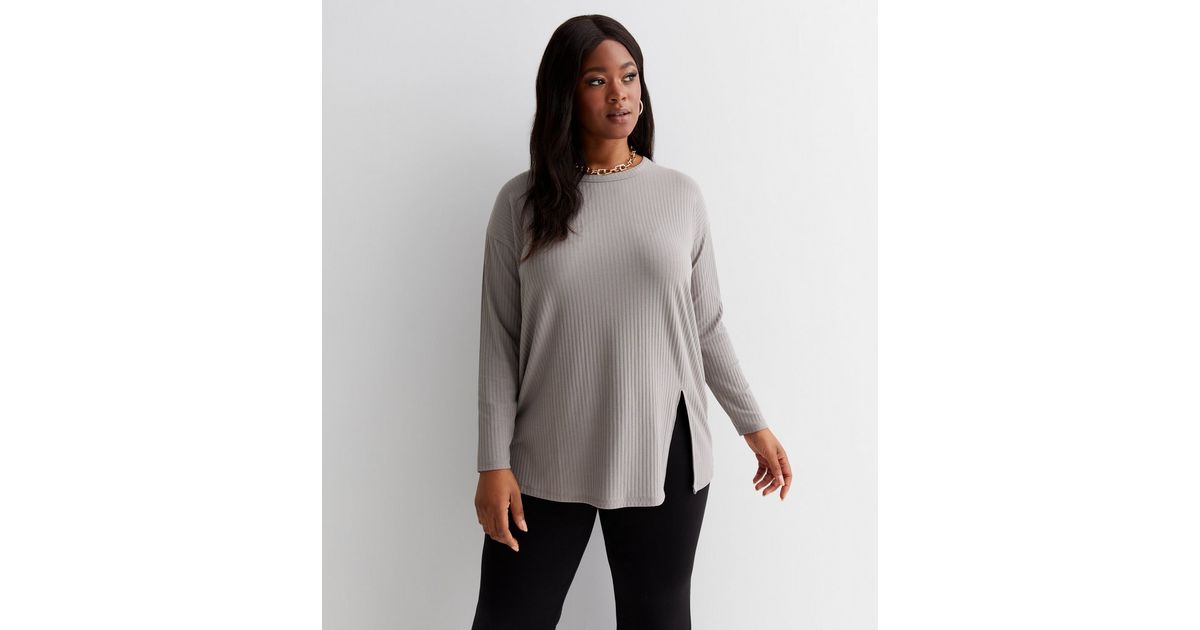 Curves Dark Grey Ribbed Jersey Split Side Long Hem Top | New Look