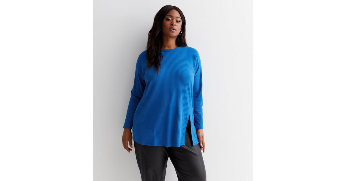 Curves Bright Blue Ribbed Jersey Split Side Long Hem Top | New Look