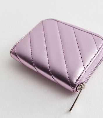 Mid Pink Metallic Diagonal Quilted Purse New Look