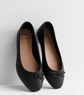 Wide Fit Black Leather-Look Ballerina Pumps
