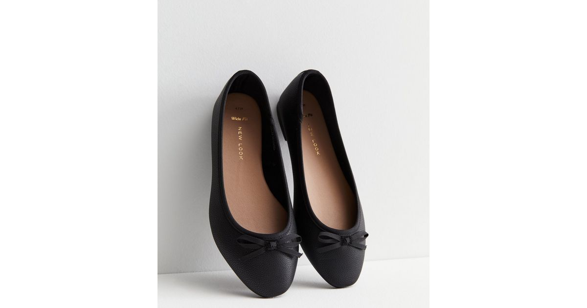 Wide Fit Black Leather-Look Ballerina Pumps | New Look
