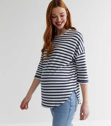 Maternity Blue Stripe Fine Knit 3/4 Sleeve Top