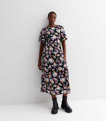 Tall Black Floral Tiered Puff Sleeve Midi Dress