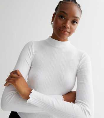 Tall White Ribbed High Neck Long Sleeve Top