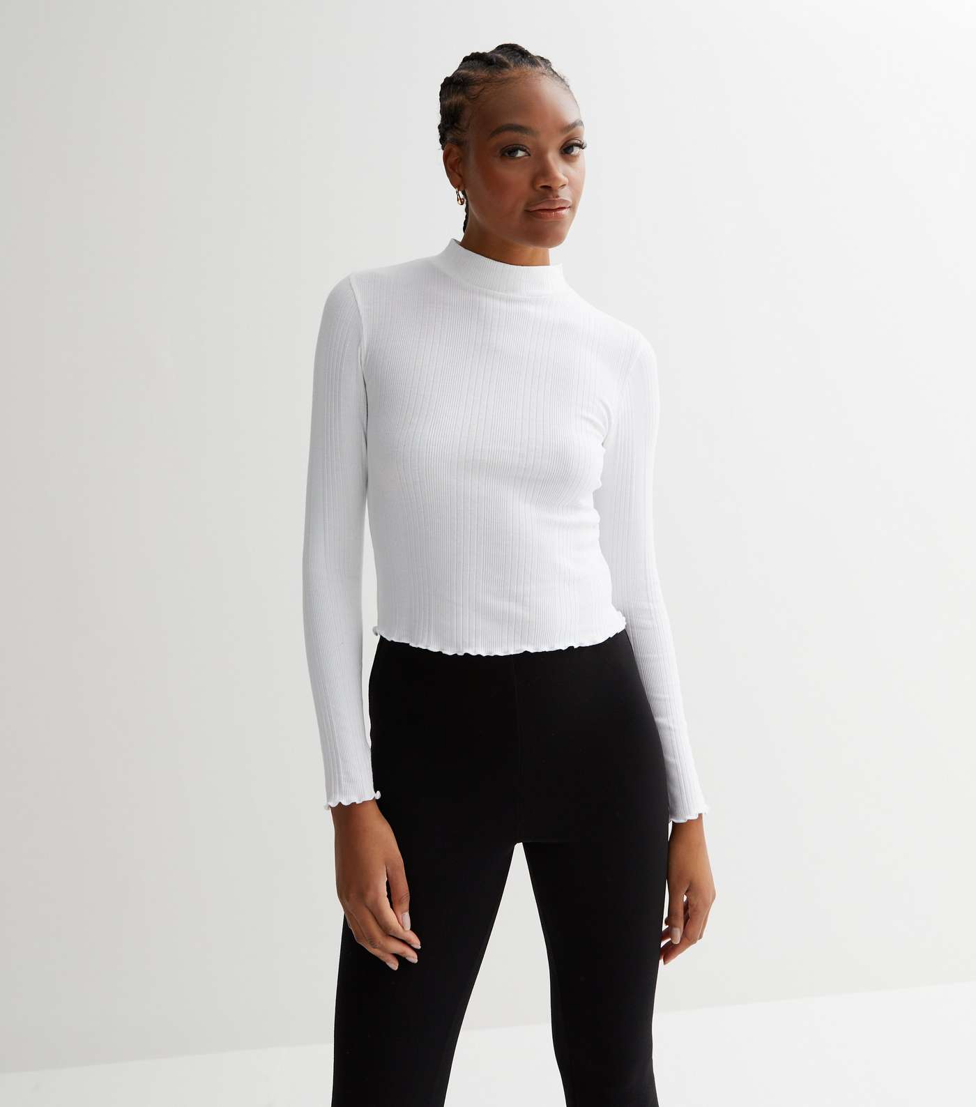 Tall White Ribbed High Neck Long Sleeve Top Image 2