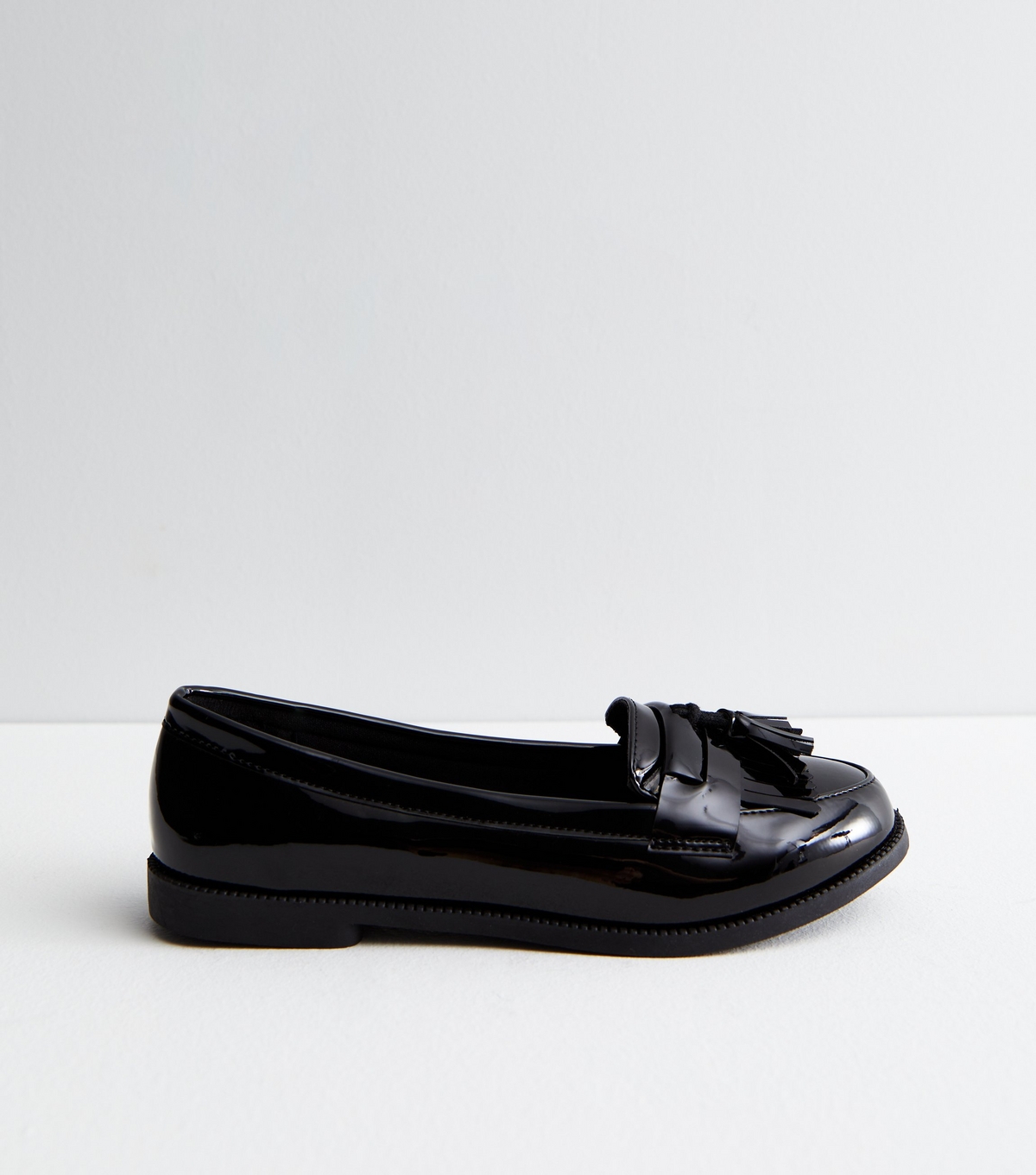 Women's Wide Fit Black Patent Tassel Trim Loafers Vegan New Look