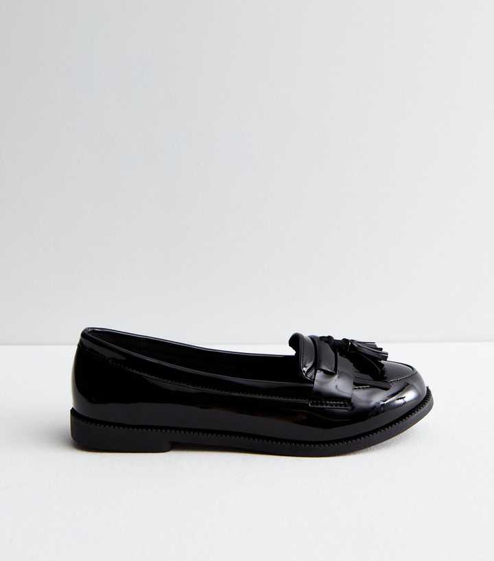 Wide Fit Black Patent Tassel Trim Loafers