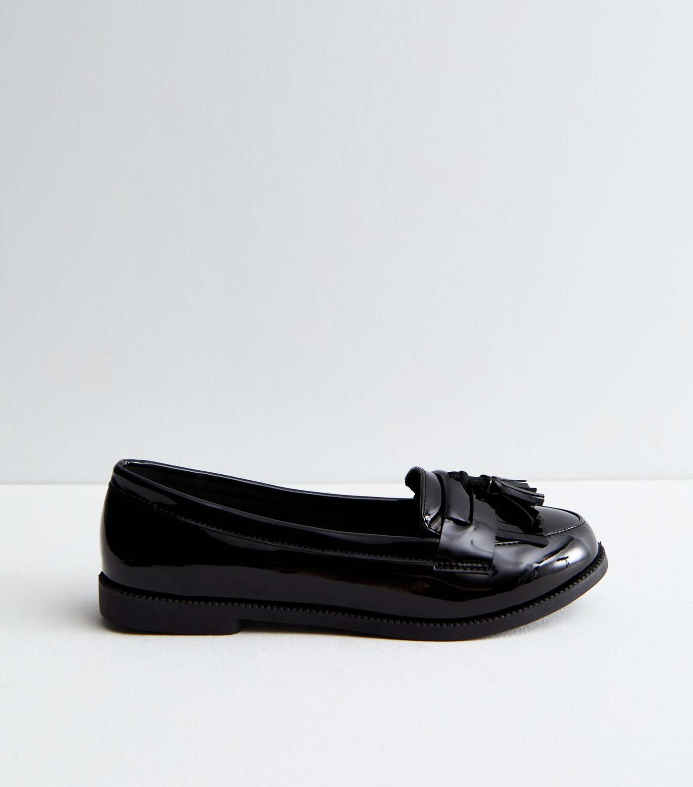 Wide Fit Black Patent Tassel Trim Loafers
