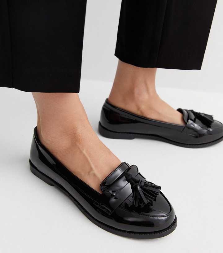 Wide Fit Black Patent Trim Loafers | New Look