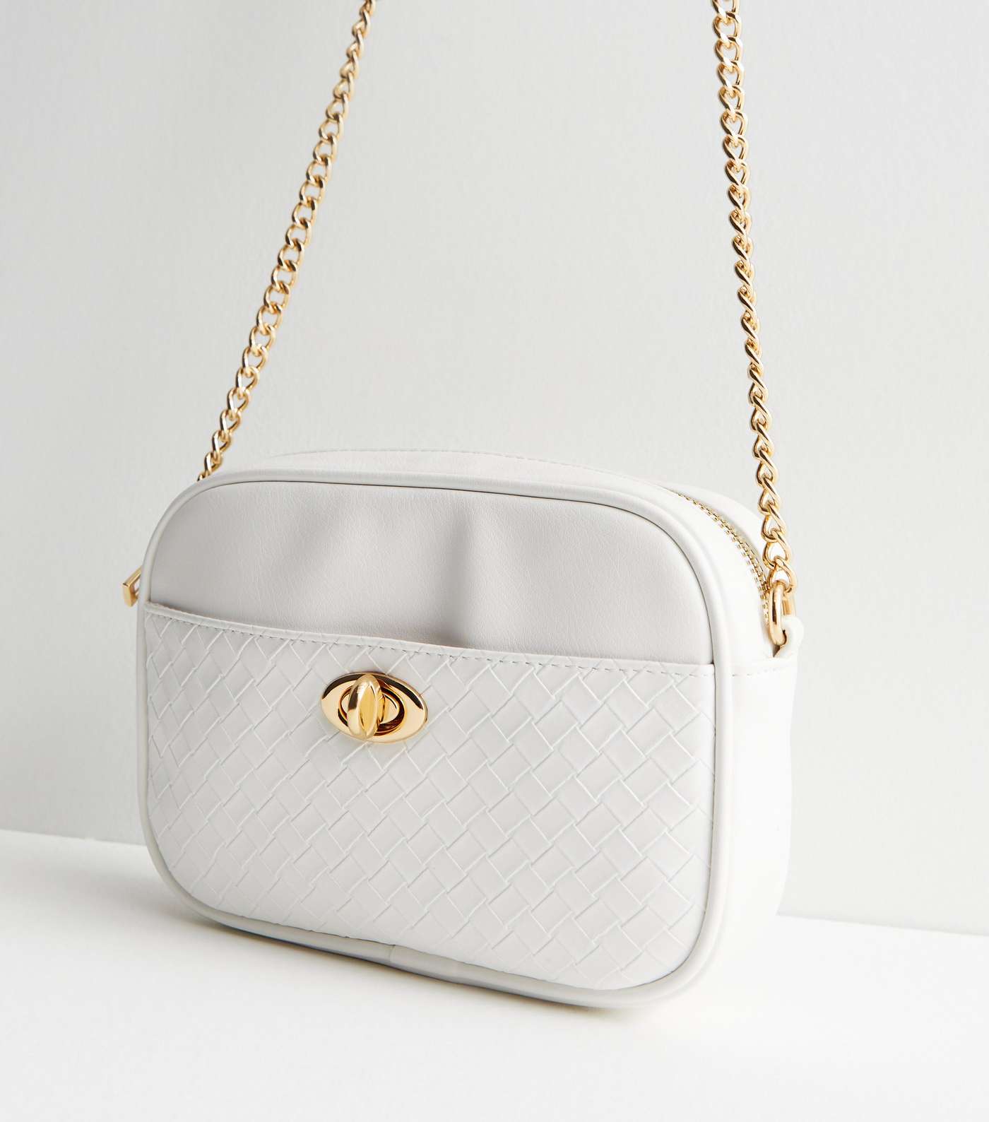 White Leather-Look Embossed Chain Cross Body Bag Image 3