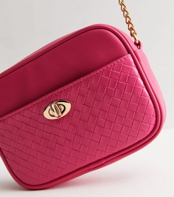 Bright Pink Leather Look Embossed Chain Cross Body Bag New Look