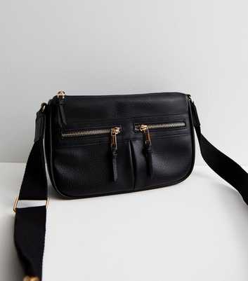 Black Leather-Look Zip Front Cross Body Bag