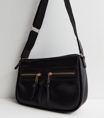 Black LeatherLook Zip Front Cross Body Bag New Look