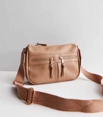 Brown Leather-Look Zip Front Cross Body Bag
