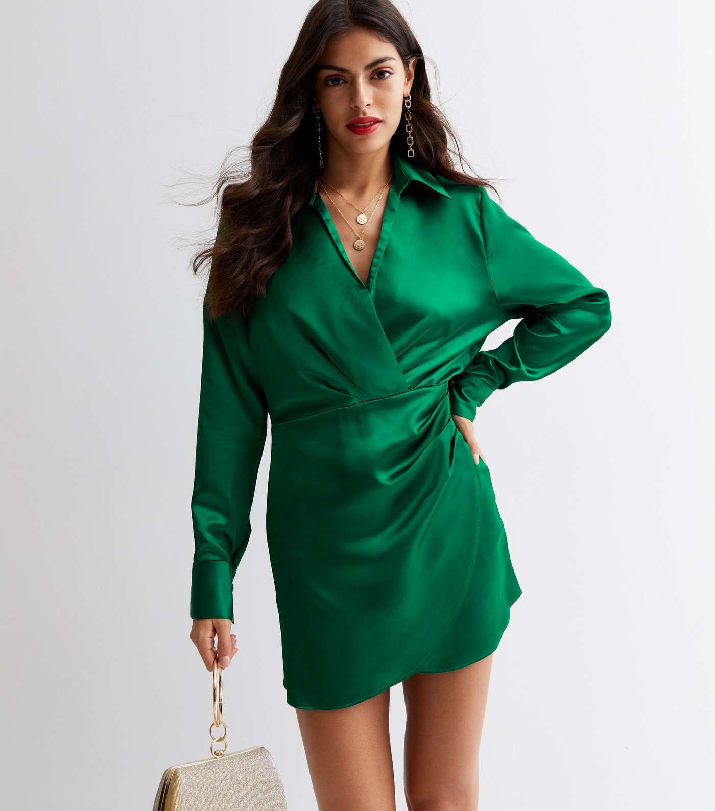 Cameo Rose Green Satin Long Sleeve Mini Shirt Dress Image 2