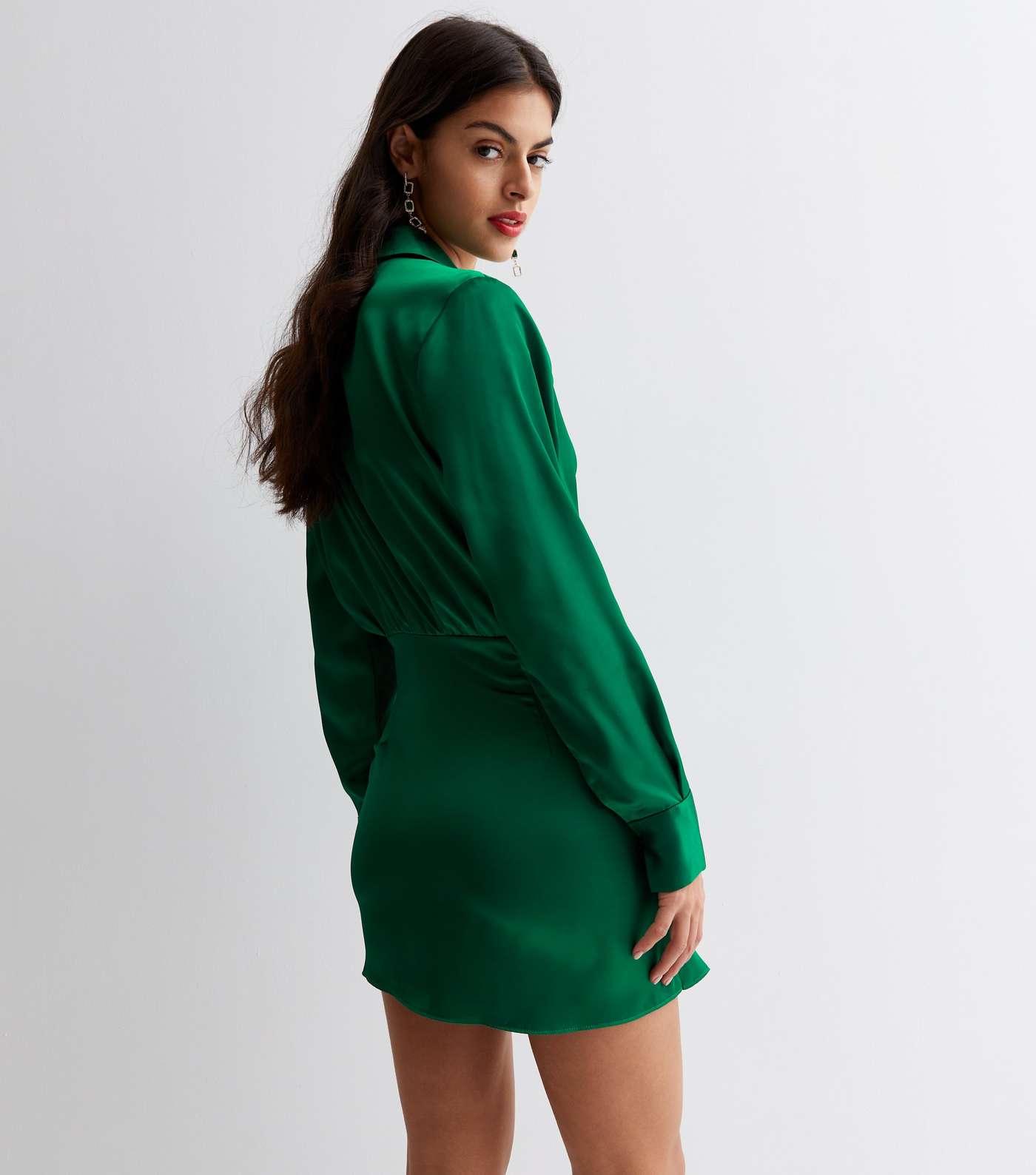 Cameo Rose Green Satin Long Sleeve Mini Shirt Dress Image 4