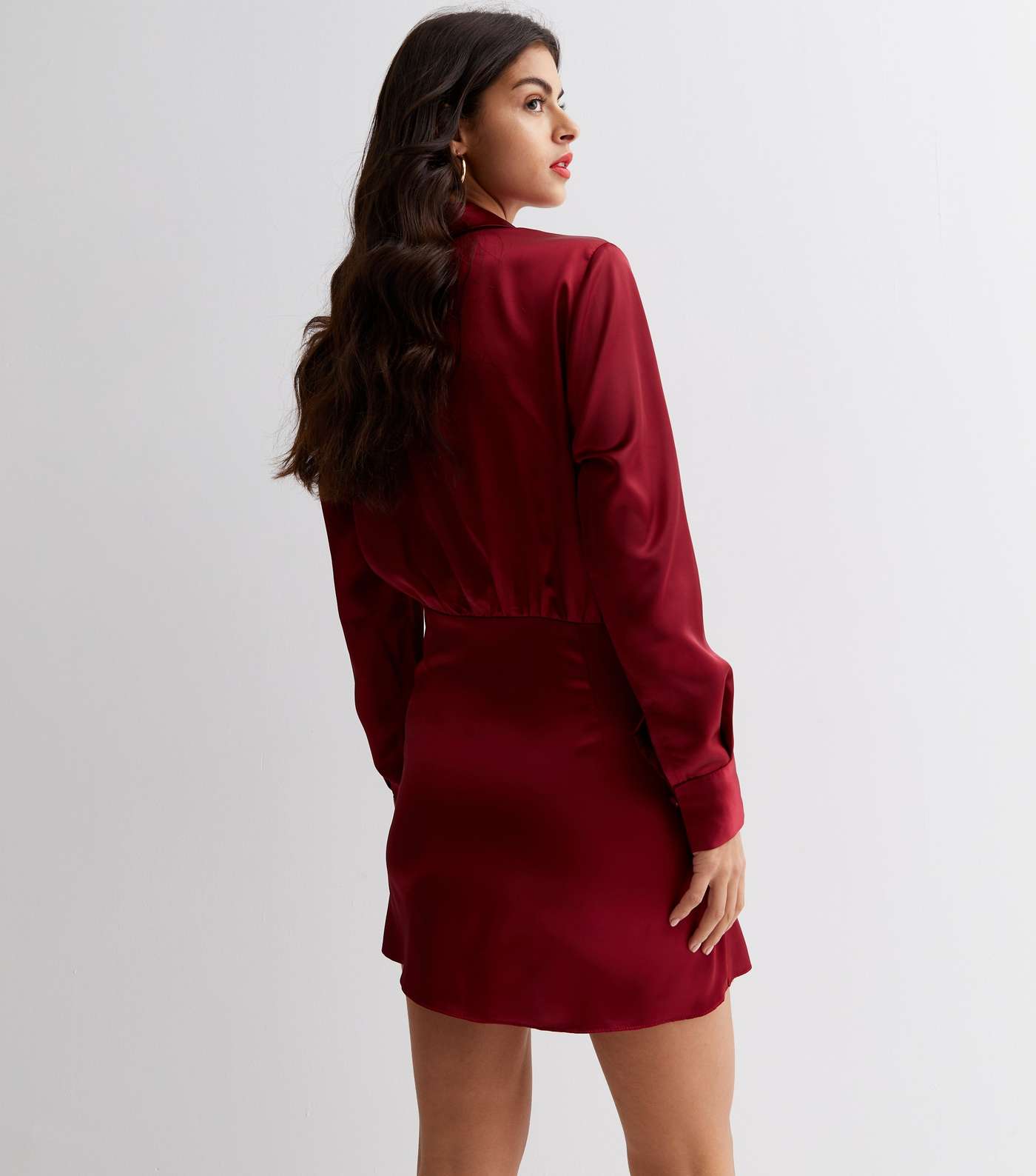 Cameo Rose Dark Red Satin Long Sleeve Mini Shirt Dress Image 4