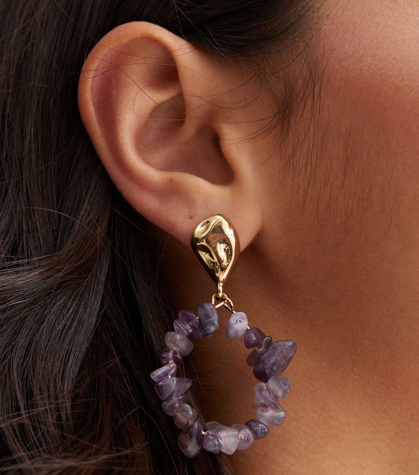 Dark Purple Irregular Stone Drop Hoop Earrings Image 2