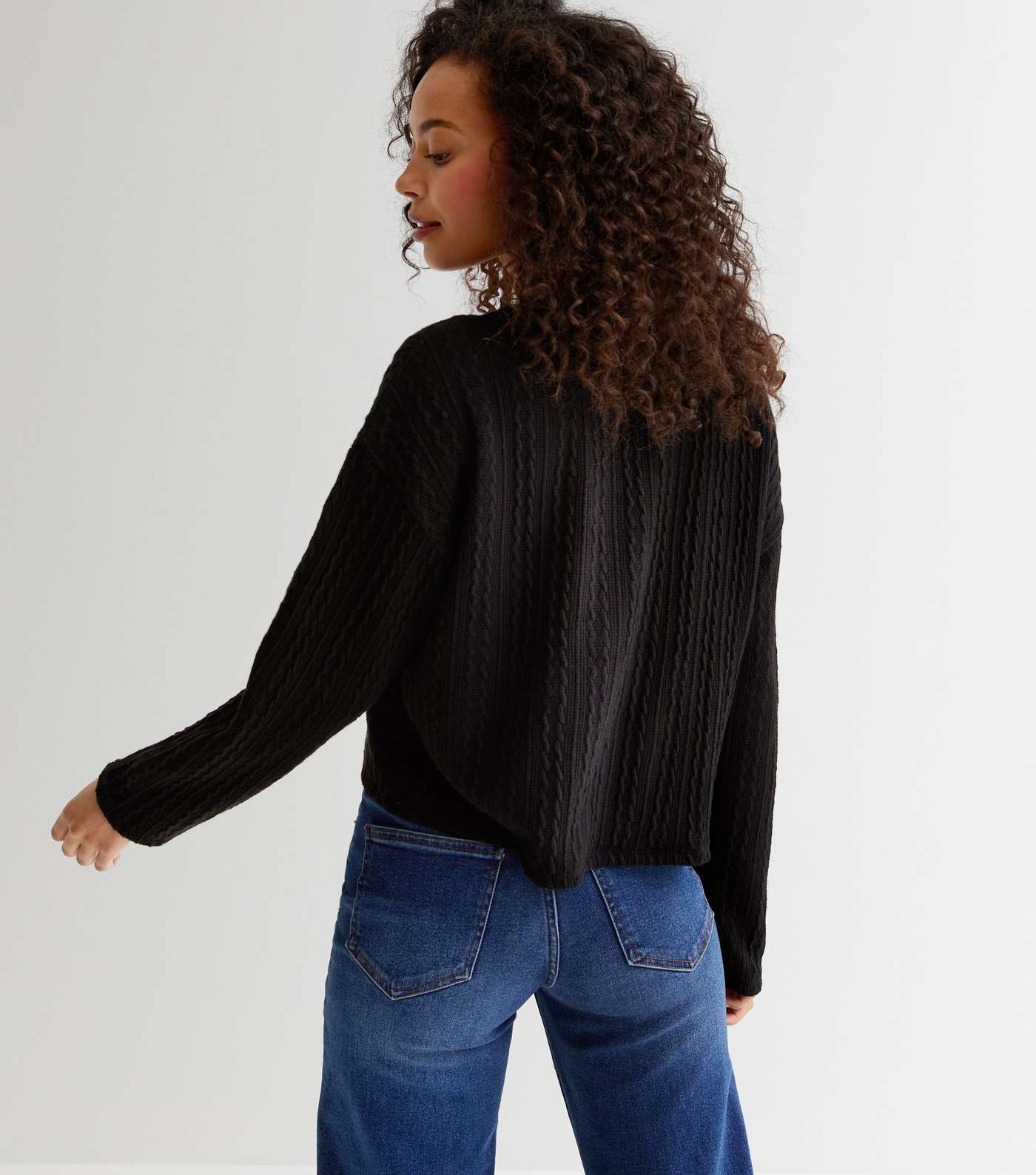 Tall Black Fine Cable Knit Long Sleeve Top Image 4