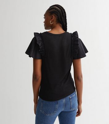 Tall Black Fine Knit Poplin Sleeve Frill Top