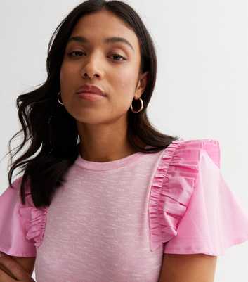 Petite Pink Fine Knit Frill Poplin Sleeve T-Shirt