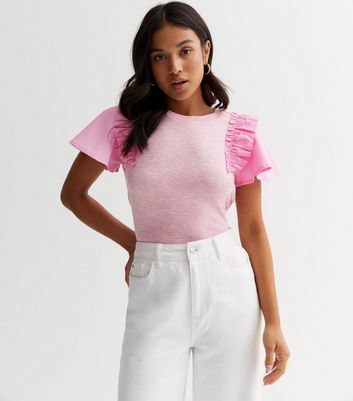 Petite Pink Fine Knit Frill Poplin Sleeve T-Shirt New Look