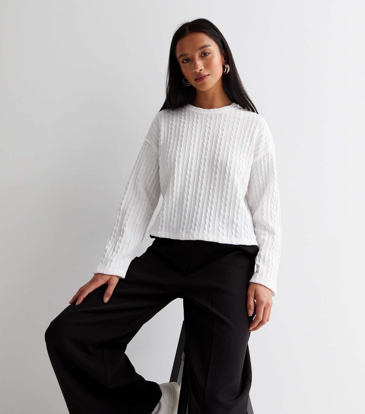 Petite White Fine Cable Knit Long Sleeve Top Image 2