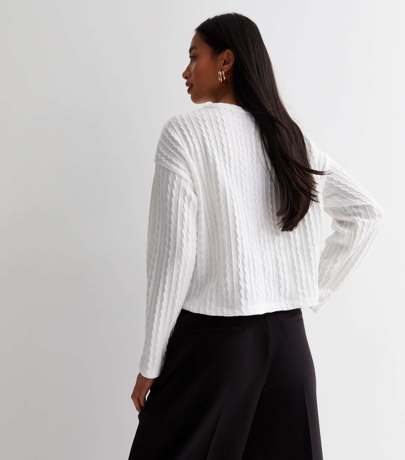 Petite White Fine Cable Knit Long Sleeve Top Image 4