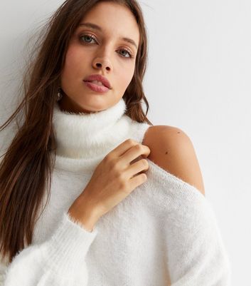 Sunshine Soul White Fluffy Knit Roll Neck Cold Shoulder Jumper