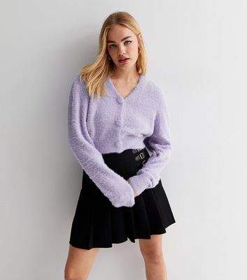 Sunshine Soul Lilac Fluffy Knit Button Front Crop Cardigan | New Look