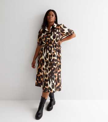Curves Brown Leopard Print Short Puff Sleeve Midi Shirt Dress