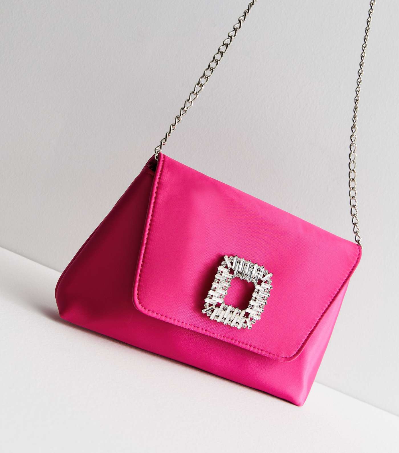 Bright Pink Satin Diamanté Broach Clutch Bag Image 4