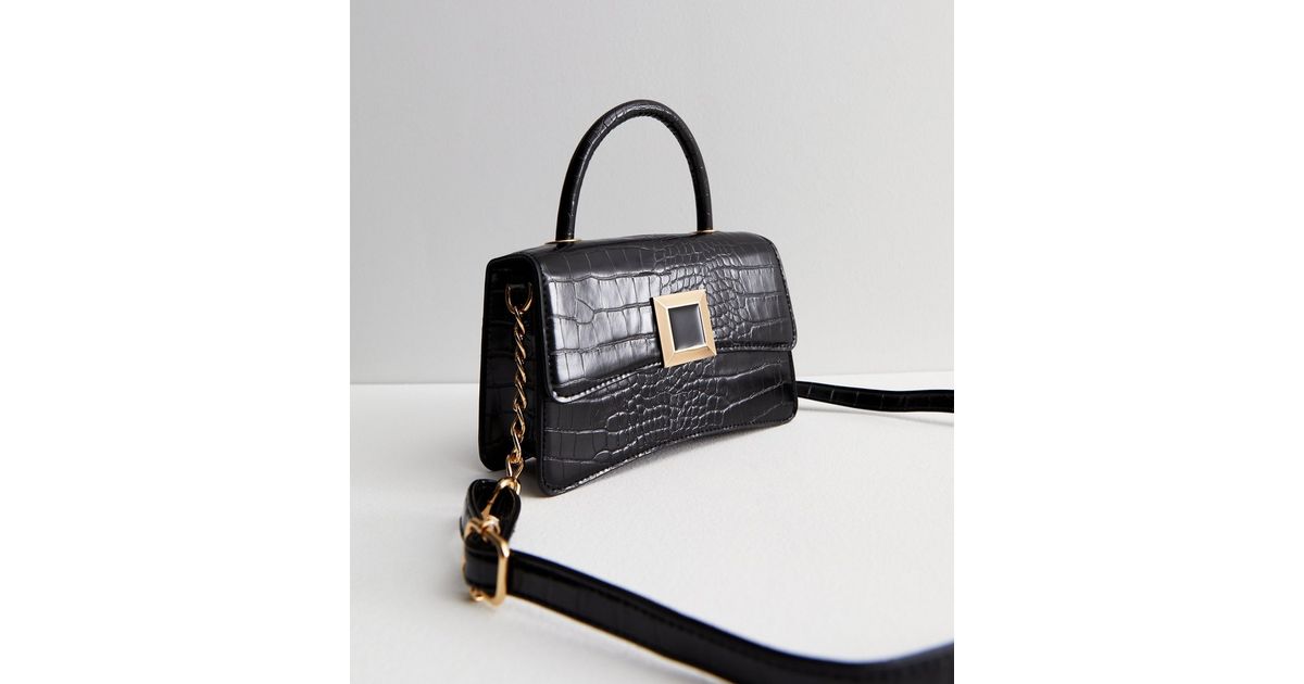 Black Faux Croc Chain Cross Body Bag 