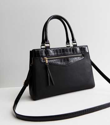 Black Faux Snake Contrast Cross Body Tote Bag