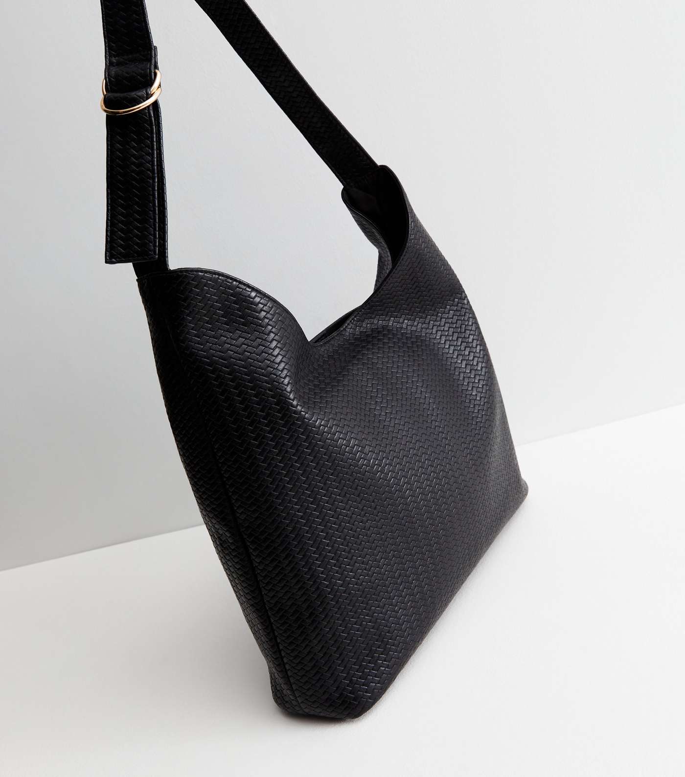 Black Woven Leather-Look Shoulder Bag Image 3