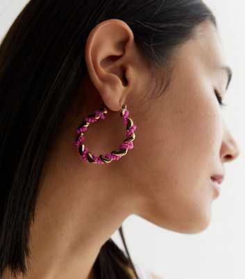 Bright Pink Bead Twist Hoop Earrings
